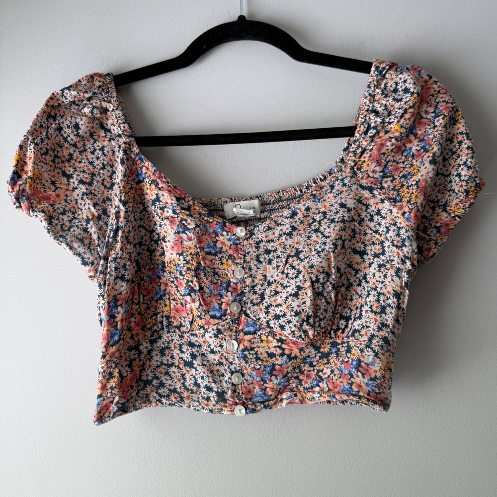 Soprano Crop Top Womens Small‎ Multicolor Excellent Floral Smocked Puff Sleeve